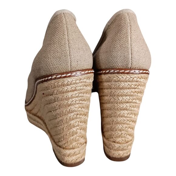 Tory Burch Jackie Espadrille Wedge Sandal Shoe Bow Peep Toe Beige Canvas 8.5 B - Picture 7 of 11